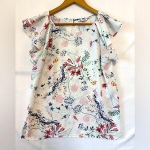 CHRISTY & CO. White Floral Ruffle Sleeve Blouse Size Medium